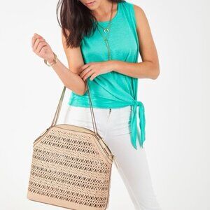 Stella & Dot Avalon Tote, Tan with Gold Metallic Trim (New)